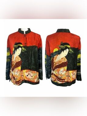 VTG Chico's Design Silk Blouse Size 1 Asian Geisha Print Red Black Multicolor